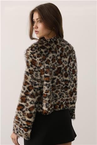 Kadın Leopar Bisiklet Yaka Astarlı Sakal Ip Ceket VS01251