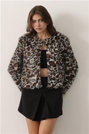 Kadın Leopar Bisiklet Yaka Astarlı Sakal Ip Ceket VS01251