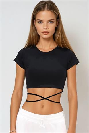 Kadın Siyah Bisiklet Yaka Bağcıklı Crop Fit T-Shirt ALC-X6042