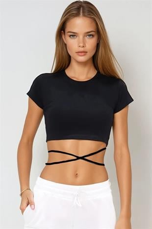 Kadın Siyah Bisiklet Yaka Bağcıklı Crop Fit T-Shirt ALC-X6042