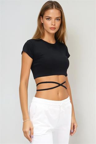 Kadın Siyah Bisiklet Yaka Bağcıklı Crop Fit T-Shirt ALC-X6042