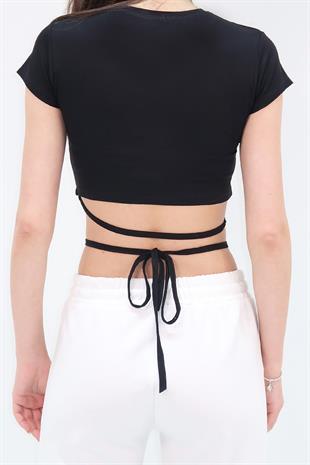 Kadın Siyah Bisiklet Yaka Bağcıklı Crop Fit T-Shirt ALC-X6042