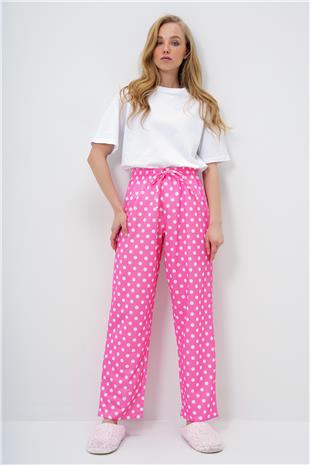 Kadın Pembe Bisiklet Yaka Basic T-Shırt Ve Puantiye Desenli Pantolonlu Pijama Takımı PJM-X13909