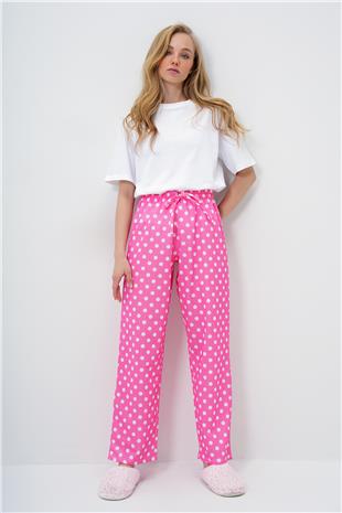 Kadın Pembe Bisiklet Yaka Basic T-Shırt Ve Puantiye Desenli Pantolonlu Pijama Takımı PJM-X13909