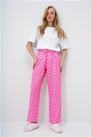 Kadın Pembe Bisiklet Yaka Basic T-Shırt Ve Puantiye Desenli Pantolonlu Pijama Takımı PJM-X13909