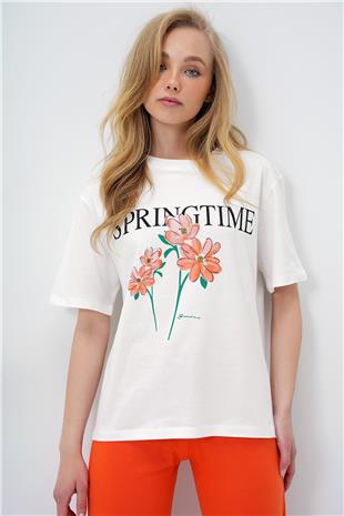 Kadın Turuncu Bisiklet Yaka Baskılı T-Shirt Ve Düz Renk Pantolonlu Pijama Takımı PJM-X13883