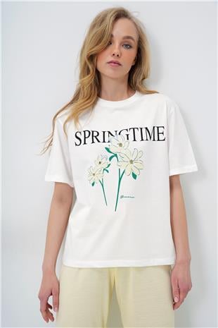 Kadın Tereyağı Sarısı Bisiklet Yaka Baskılı T-Shirt Ve Düz Renk Pantolonlu Pijama Takımı PJM-X13883