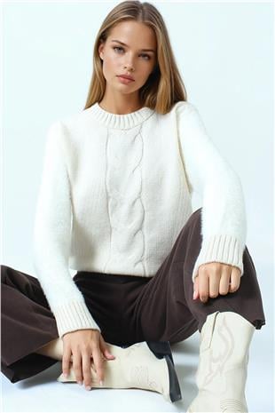 Kadın Ekru Bisiklet Yaka Bel Ve Kolları Ribana Detaylı Püsküllü Triko Kazak VS01046