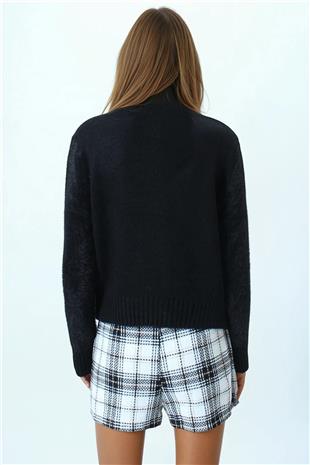 Kadın Siyah Bisiklet Yaka Bel Ve Kolları Ribana Detaylı Püsküllü Triko Kazak VS01046