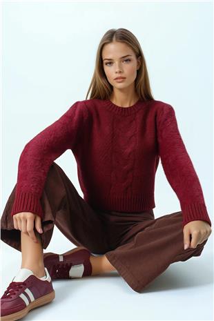 Kadın Bordo Bisiklet Yaka Bel Ve Kolları Ribana Detaylı Püsküllü Triko Kazak VS01046