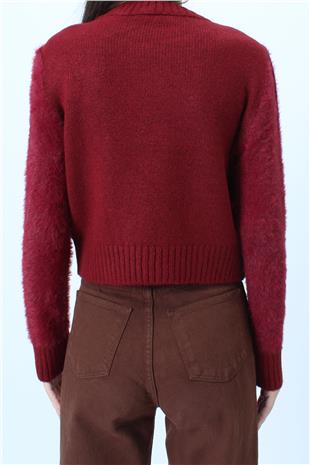 Kadın Bordo Bisiklet Yaka Bel Ve Kolları Ribana Detaylı Püsküllü Triko Kazak VS01046