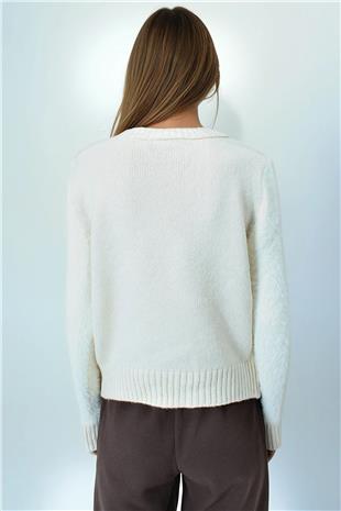 Kadın Ekru Bisiklet Yaka Bel Ve Kolları Ribana Detaylı Püsküllü Triko Kazak VS01046