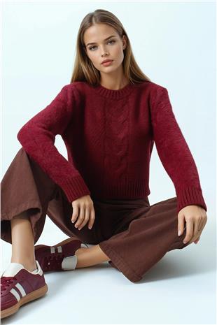 Kadın Bordo Bisiklet Yaka Bel Ve Kolları Ribana Detaylı Püsküllü Triko Kazak VS01046