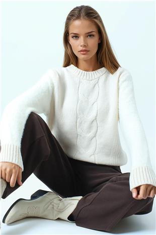 Kadın Ekru Bisiklet Yaka Bel Ve Kolları Ribana Detaylı Püsküllü Triko Kazak VS01046