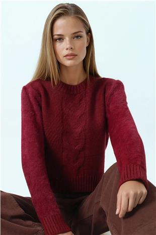 Kadın Bordo Bisiklet Yaka Bel Ve Kolları Ribana Detaylı Püsküllü Triko Kazak VS01046