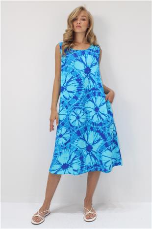 Kadın Mavi Bisiklet Yaka Çift Cepli Batik Desenli A Form Midi Boy Dokuma Viskon Elbise ALC-X14202
