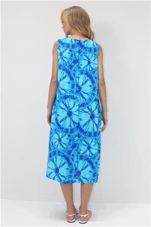 Kadın Mavi Bisiklet Yaka Çift Cepli Batik Desenli A Form Midi Boy Dokuma Viskon Elbise ALC-X14202