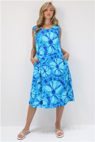 Kadın Mavi Bisiklet Yaka Çift Cepli Batik Desenli A Form Midi Boy Dokuma Viskon Elbise ALC-X14202