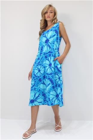 Kadın Mavi Bisiklet Yaka Çift Cepli Batik Desenli A Form Midi Boy Dokuma Viskon Elbise ALC-X14202