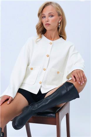 Kadın Beyaz Bisiklet Yaka Çift Cepli Dokulu Ceket ALC-X14375