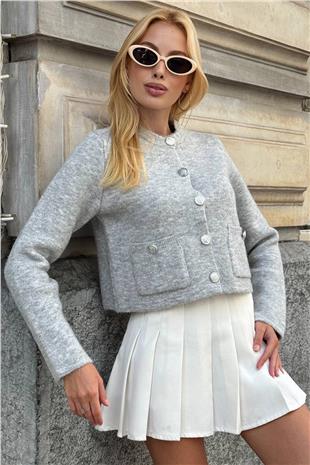 Kadın Gri Bisiklet Yaka Çift Cepli Düğmeli Triko Hırka VS01397