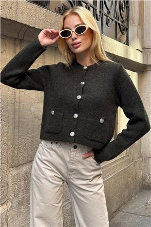 Kadın Haki Bisiklet Yaka Çift Cepli Düğmeli Triko Hırka VS01397