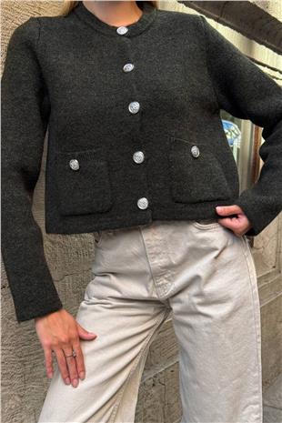 Kadın Haki Bisiklet Yaka Çift Cepli Düğmeli Triko Hırka VS01397