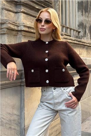 Kadın Kahverengi Bisiklet Yaka Çift Cepli Düğmeli Triko Hırka VS01397