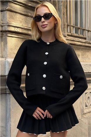 Kadın Siyah Bisiklet Yaka Çift Cepli Düğmeli Triko Hırka VS01397