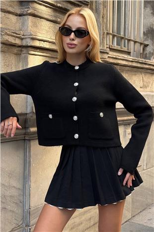 Kadın Siyah Bisiklet Yaka Çift Cepli Düğmeli Triko Hırka VS01397