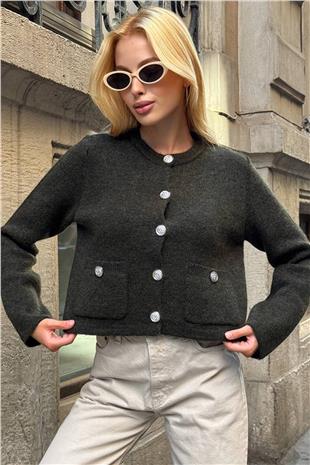 Kadın Haki Bisiklet Yaka Çift Cepli Düğmeli Triko Hırka VS01397