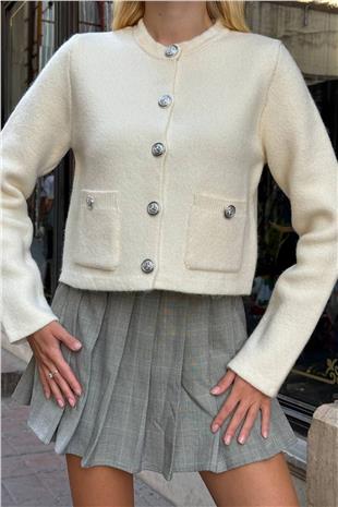 Kadın Krem Bisiklet Yaka Çift Cepli Düğmeli Triko Hırka VS01397