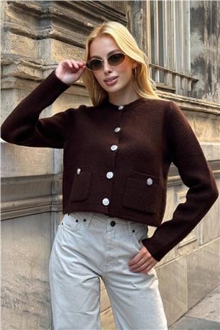 Kadın Kahverengi Bisiklet Yaka Çift Cepli Düğmeli Triko Hırka VS01397