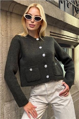 Kadın Haki Bisiklet Yaka Çift Cepli Düğmeli Triko Hırka VS01397