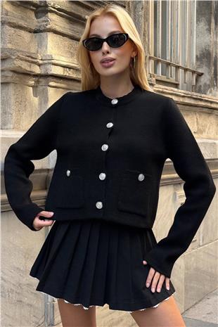 Kadın Siyah Bisiklet Yaka Çift Cepli Düğmeli Triko Hırka VS01397