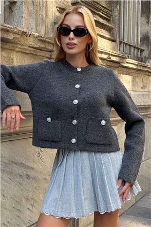 Kadın Antrasit Bisiklet Yaka Çift Cepli Düğmeli Triko Hırka VS01397