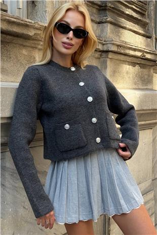 Kadın Antrasit Bisiklet Yaka Çift Cepli Düğmeli Triko Hırka VS01397