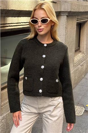 Kadın Haki Bisiklet Yaka Çift Cepli Düğmeli Triko Hırka VS01397