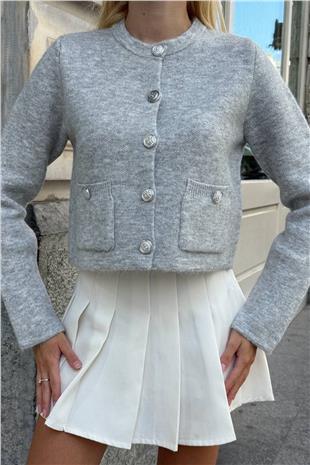 Kadın Gri Bisiklet Yaka Çift Cepli Düğmeli Triko Hırka VS01397