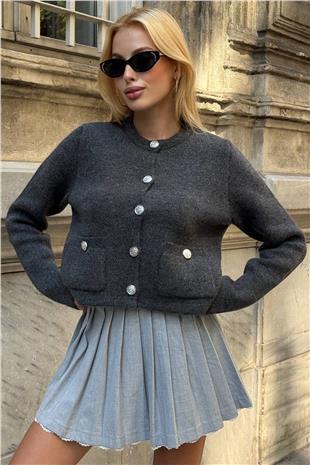 Kadın Antrasit Bisiklet Yaka Çift Cepli Düğmeli Triko Hırka VS01397