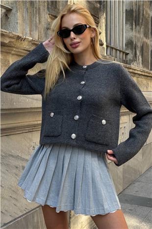 Kadın Antrasit Bisiklet Yaka Çift Cepli Düğmeli Triko Hırka VS01397