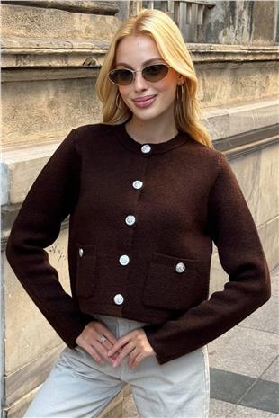 Kadın Kahverengi Bisiklet Yaka Çift Cepli Düğmeli Triko Hırka VS01397