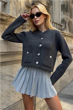 Kadın Antrasit Bisiklet Yaka Çift Cepli Düğmeli Triko Hırka VS01397