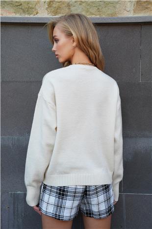 Kadın Ekru Bisiklet Yaka Çift Cepli Yün Karışımlı Oversize Kazak ALC-X14508
