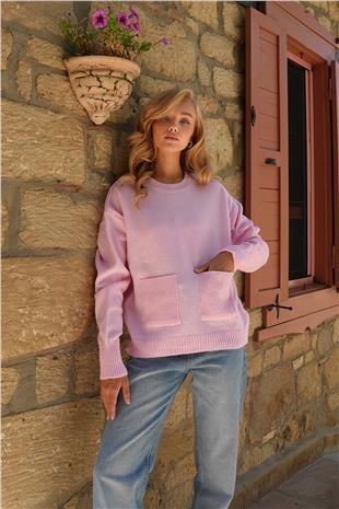 Kadın Pembe Bisiklet Yaka Çift Cepli Yün Karışımlı Oversize Kazak ALC-X14508