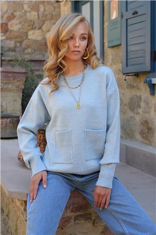 Kadın Mavi Bisiklet Yaka Çift Cepli Yün Karışımlı Oversize Kazak ALC-X14508