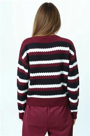 Kadın Bordo Bisiklet Yaka Çizgili Desenli Triko Kazak VS01041