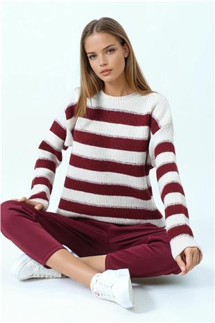 Kadın Bordo Bisiklet Yaka Çizgili Triko Kazak VS01056