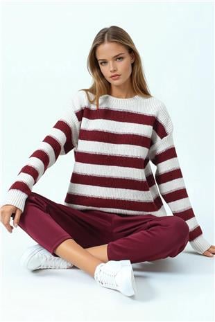 Kadın Bordo Bisiklet Yaka Çizgili Triko Kazak VS01056