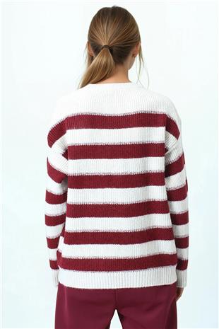 Kadın Bordo Bisiklet Yaka Çizgili Triko Kazak VS01056
